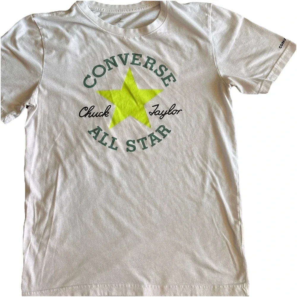 Converse All Star Youth Boys  XL Chuck Taylor T- Shirt  White & Neon Spellout